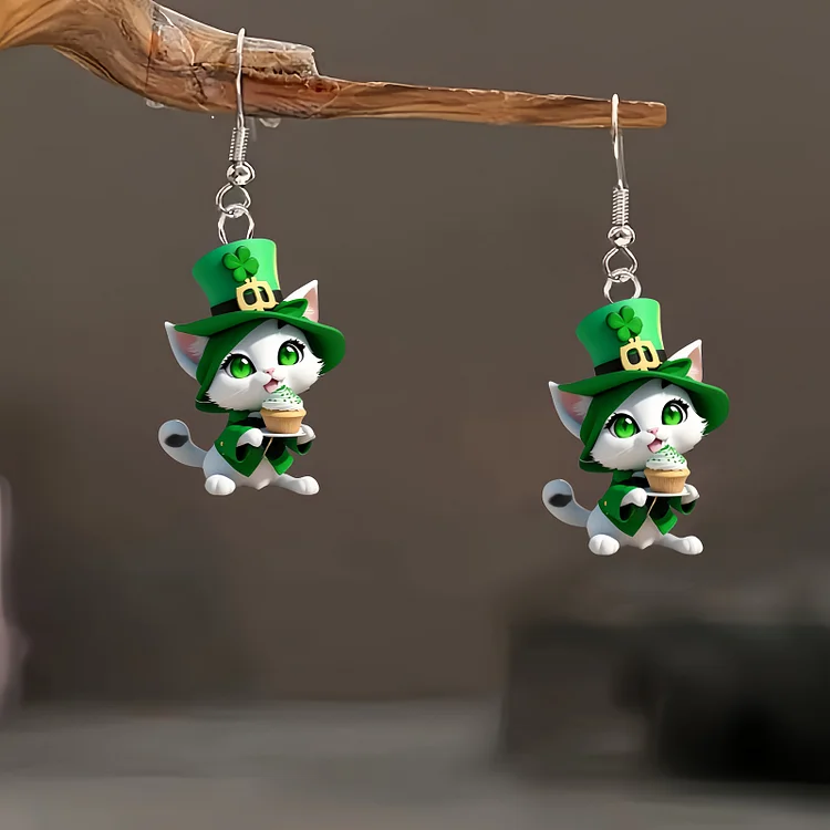 St. Patrick's Day Cute Green Hat & Ice Cream Design Cat Earrings