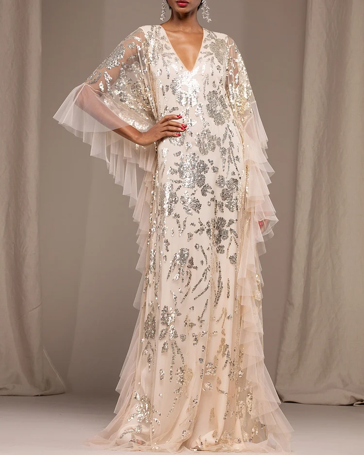 Elegant sequined ruffle maxi gown