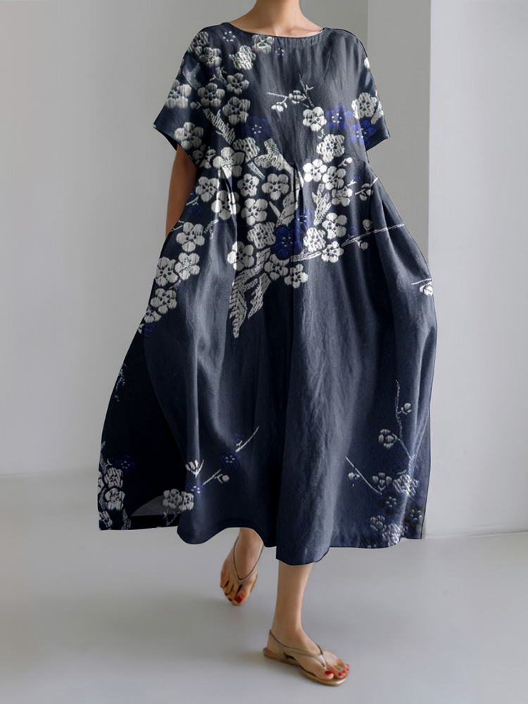 Comstylish Women Japanese Art Plum Blossom Linen Blend Maxi Dress