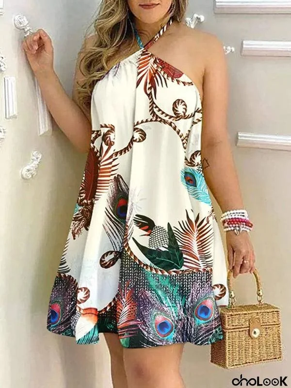 Loose Sleeveless Contrast Color Printed Halter-Neck Mini Dresses