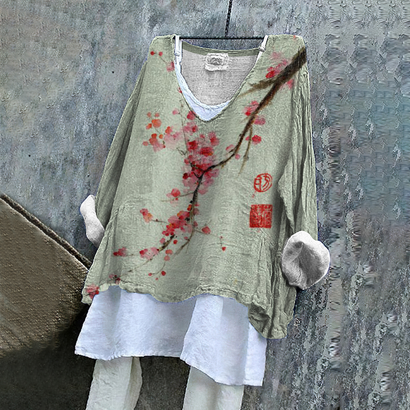 Women Japanese Art Plum Blossom Printed Round Neck T-Shirt elevenforest