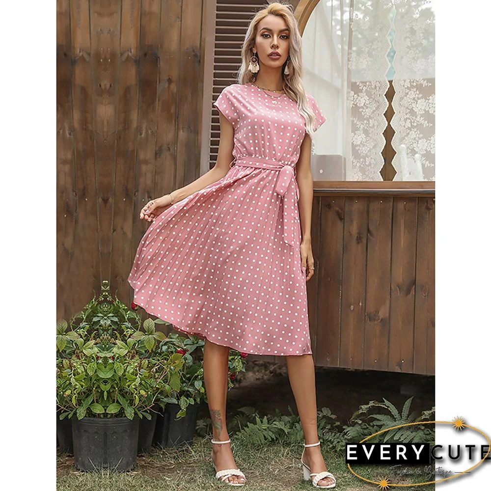 Pink Tie Waist Short Sleeve Casual Dress