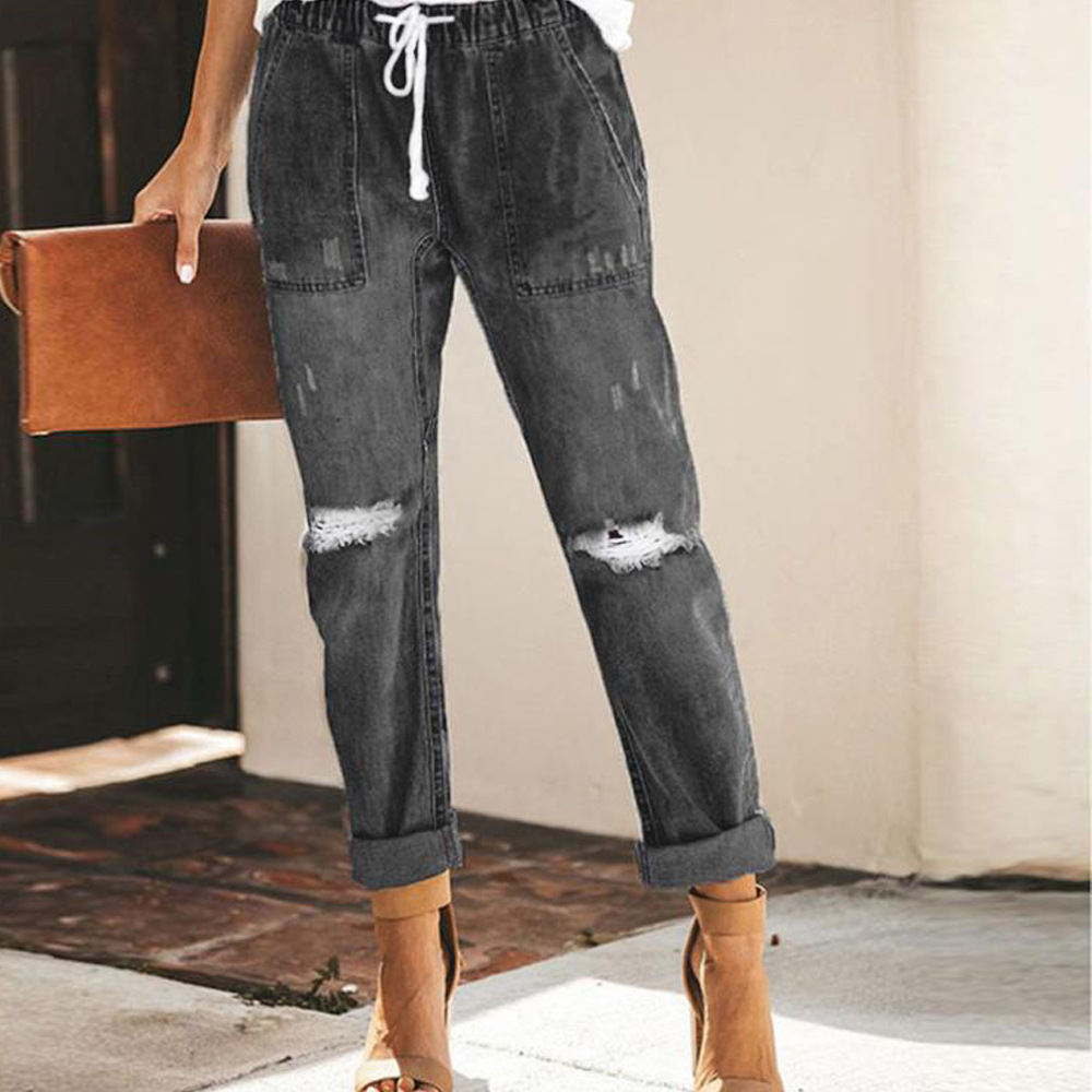 Drawstring elastic waist ripped jeans wearshes