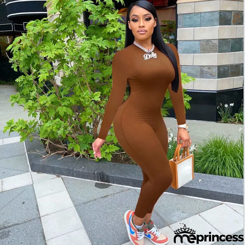 Solid Long Sleeve Skinny Jumpsuit