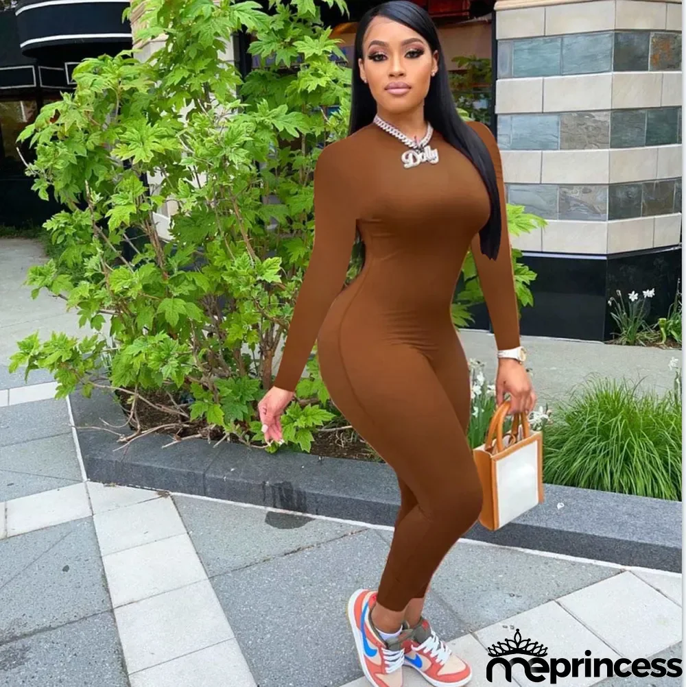 Solid Long Sleeve Skinny Jumpsuit