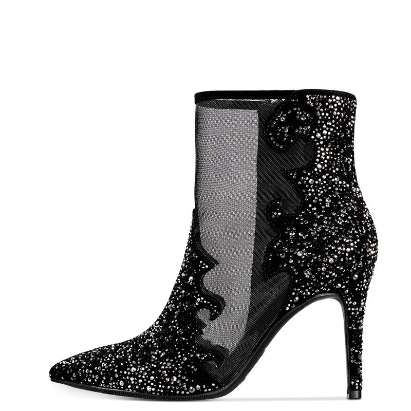 TAAFO Black Crystal Ankle Boots High Thin Heels Woman Pointed Toe Booties Ladies Zip Rhinestone  Shoes