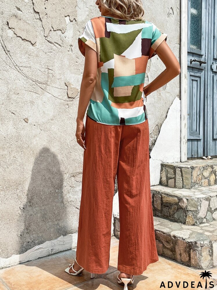 Geo Print Batwing Sleeve Top & Wide Leg Pants