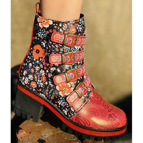 Ethnic Print Stitching Ankle Boots