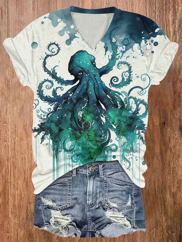 Comstylish Retro Watercolor Mutated Octopus Print V-Neck T-Shirt