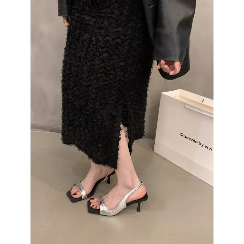 Churchf Churchf High Heel Black French Open Toe Sandals Fairy Shoes 2024 New Summer Temperament With Skirt Roman Shoes