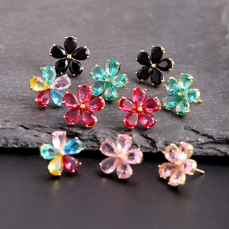 1 Pair Affordable Luxury Fashion Copper-Plated Gold Micro Inlaid Color Cubic Zirconia Flower Stud Earrings