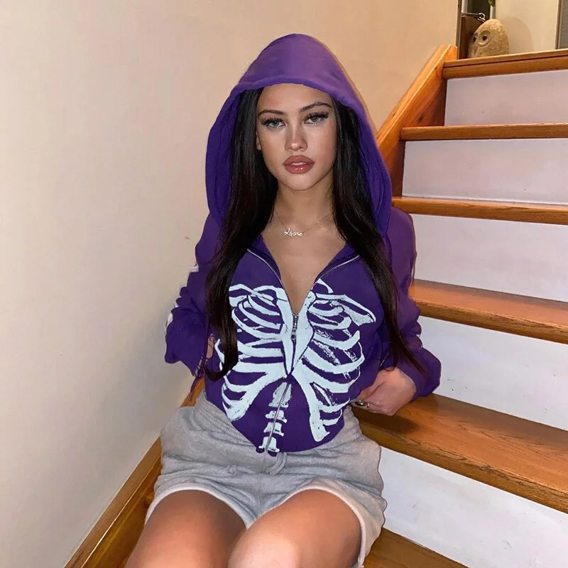 Wongn Skull Print Hoodies Sweatshirts Women Oversized Zip Up Hooded Jacket Sweatshirt Long Sleeve Streetwear Grunge 2021