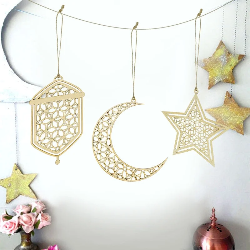 3Pcs Wooden Eid Mubarak Hanging Pendant Ornament Ramadan Kareem Gift Islam Muslim Home Table Decoration DIY Craft Party Supplies