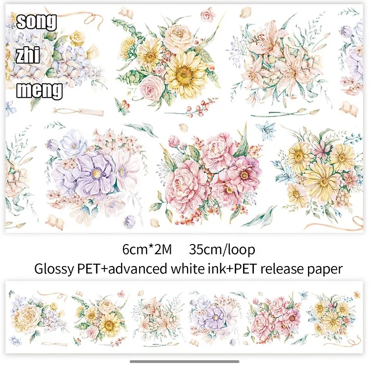 Journalsay 6/6.5cm*2/5m Aesthetic Flowers PET Washi Tape DIY Journal Scrapbooking Decoration Collage Masking Tapes