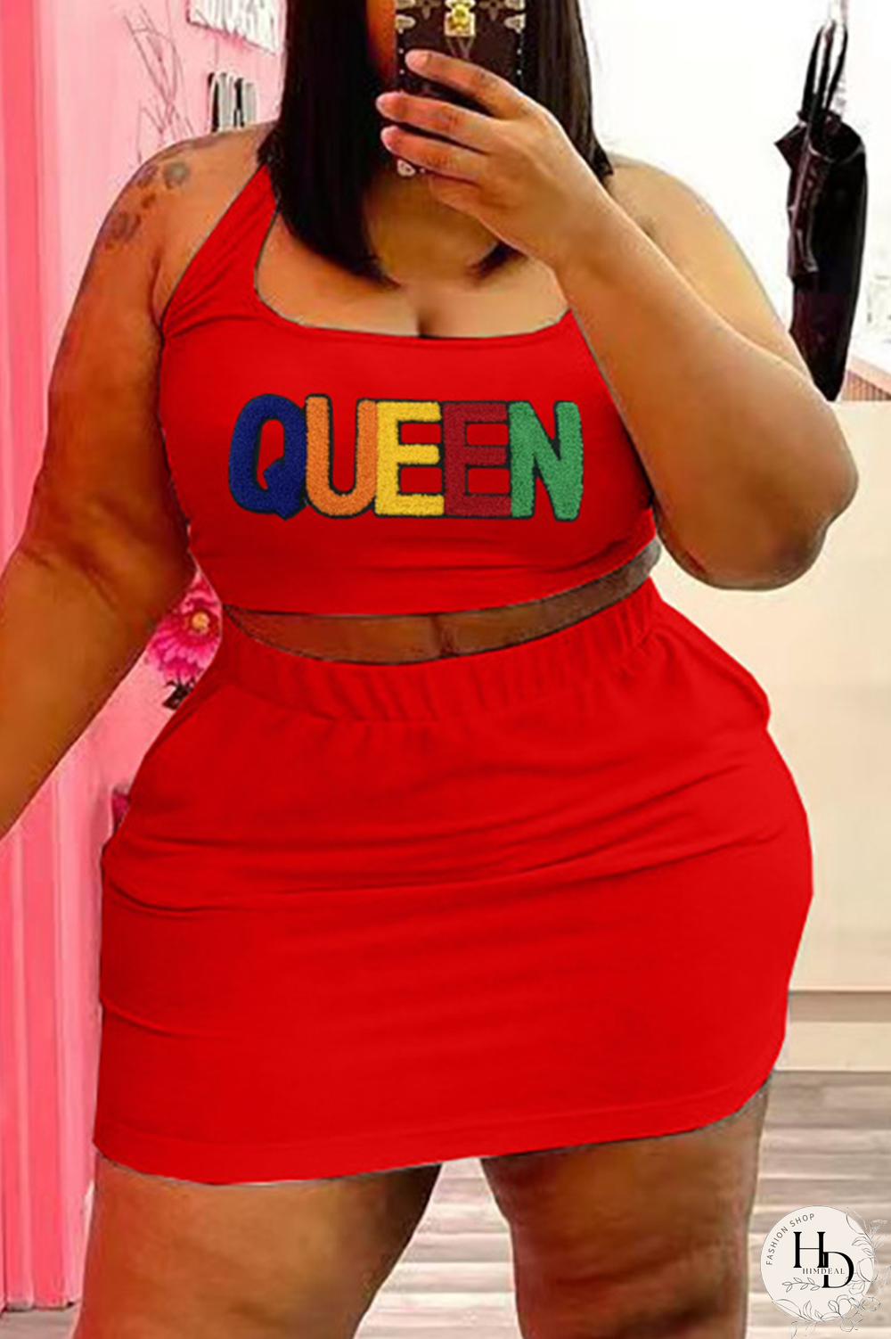 Red Casual Print Split Joint U Neck Pencil Skirt Plus Size Two Pieces