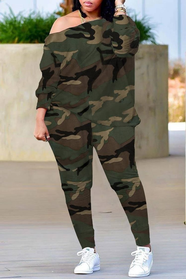 Xpluswear Plus Size Daily One Shoulder Camo Print Two Pieces Pants Set