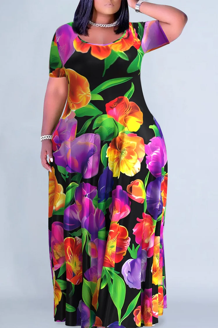 Plus Size Casual Multicolor Floral All Over Print Scoop Neck Short Sleeve Maxi Dresses