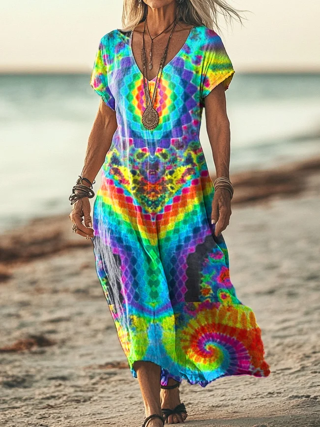 Women's Trippy Tie Dye Print Pocket Cotton Dress
