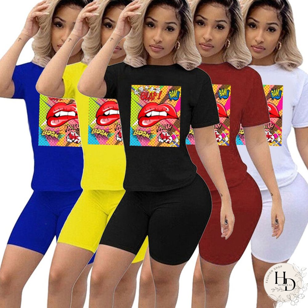 Womens Two Piece Set Cute Nibble Lips Print Short Sleeve Top With Skinny Shorts Pants