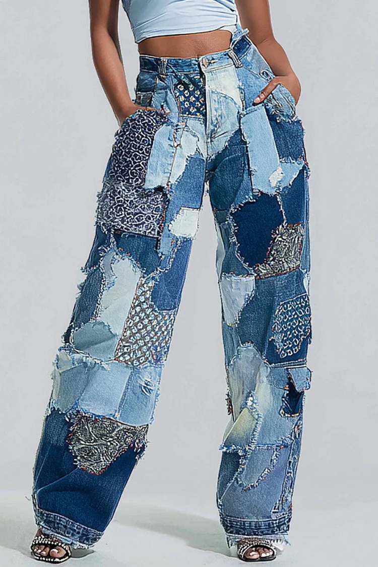 Xpluswear Design Plus Size Daily Blue Colorblock Pocket Casual Denim Jeans 2024 - Xpluswear