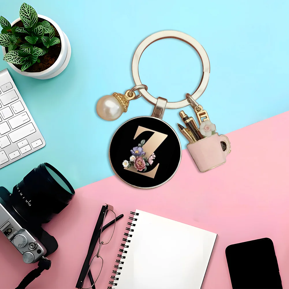 Resin Alphabet Letter Keychain Pearl Alphabet Key Ring Charms for Key Handbag Backpack