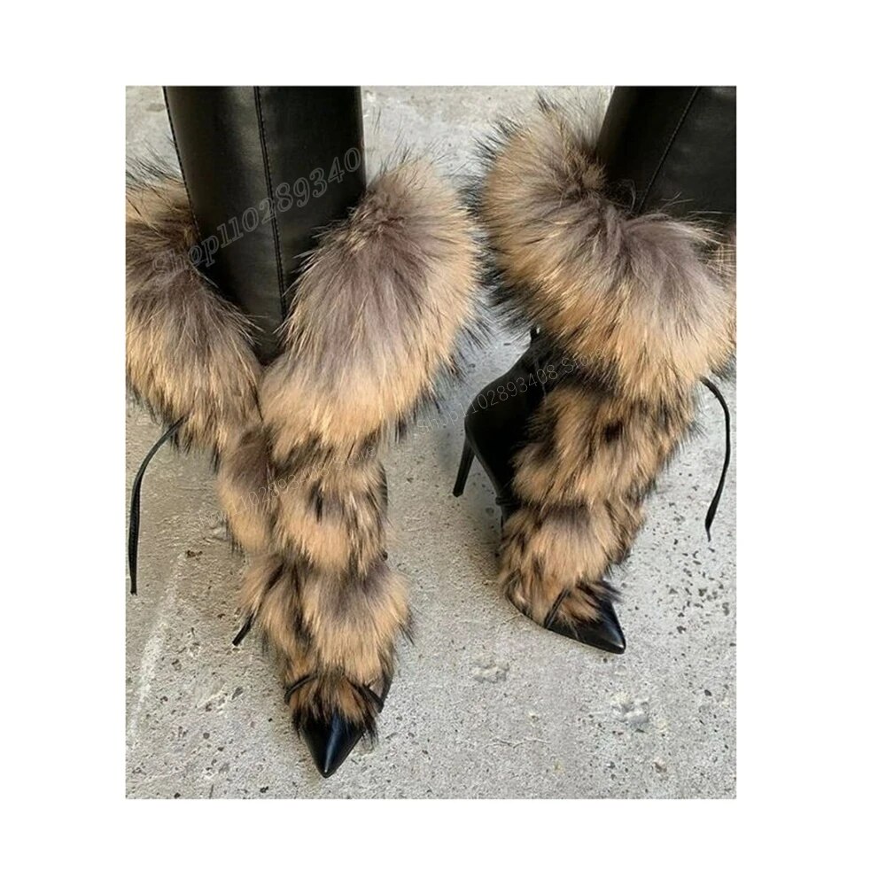 VCSHOES Black Fur Decor Strappy Mid Calf Boots Pointed Toe Stiletto High Heel Warm Women Shoes Zapatos Para Mujere
