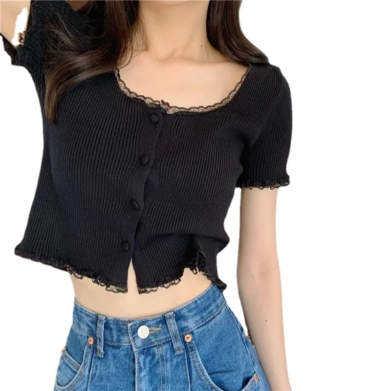 Uveng Uveng Retro Girl Soft Lace Collar Knitted Jersey High-Waisted Short-Sleeved T-Shirt Top