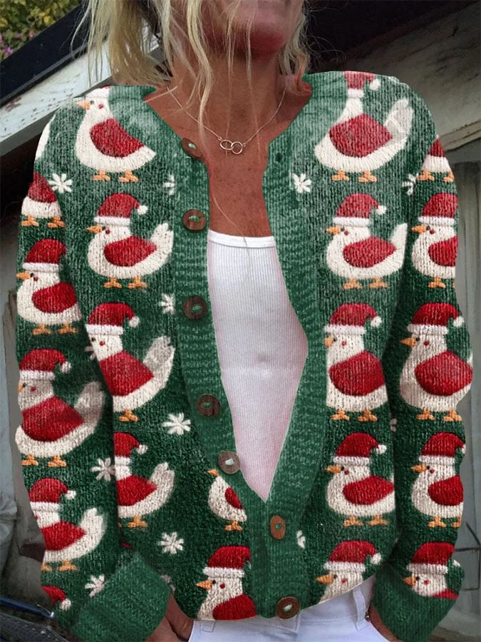 Women's Retro Christmas Print Cozy Knit Cardigan