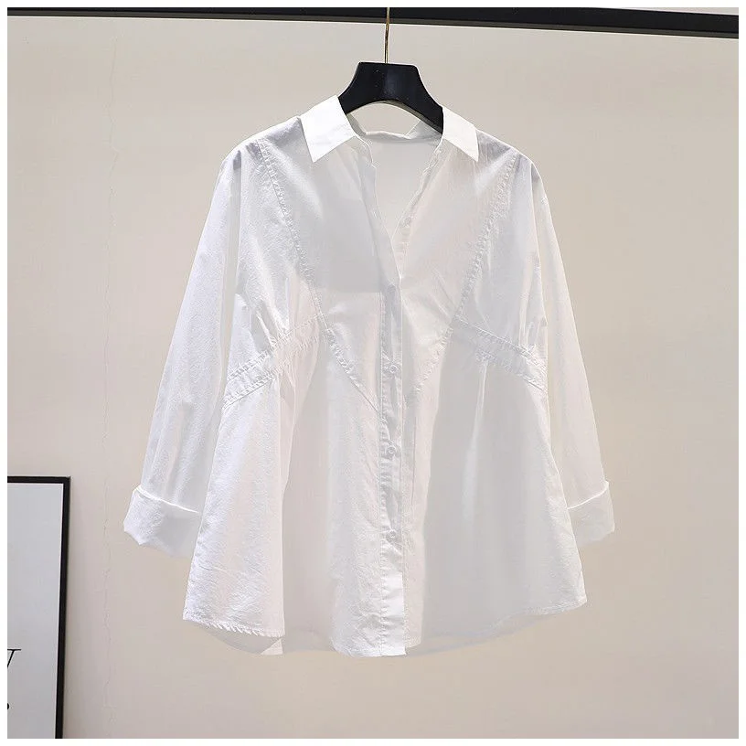 Athvotar Athvotar 2025 Spring And Autumn New Clad Waist Design Folds Loose Cotton Shirt Women Blue Long-Sleeved Shirt