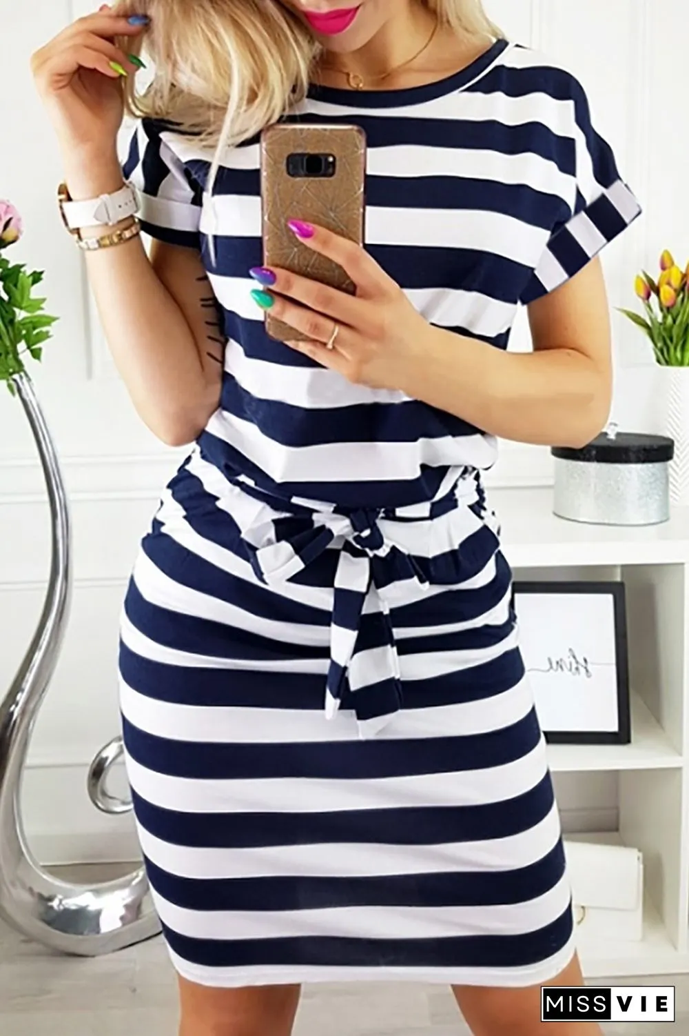 Casual Striped Split Joint O Neck Waist Skirt Dresses(5 Colors)