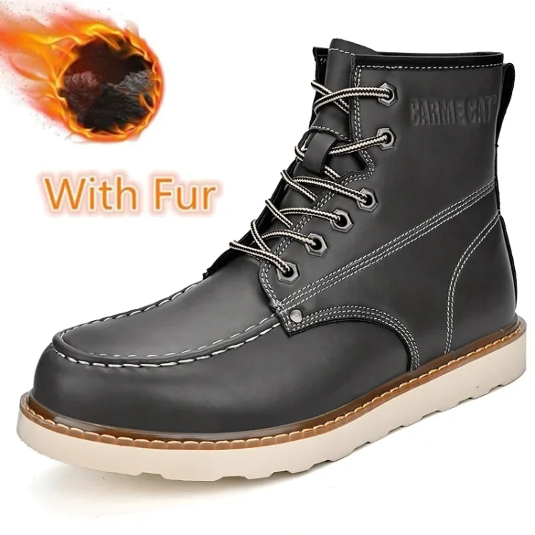 Damulin High Top Mens Outdoor Leather Boots New Fashion Waterproof Man Motorcycle Boots Comfortable Platform Warm Plush Fur Winter Boots