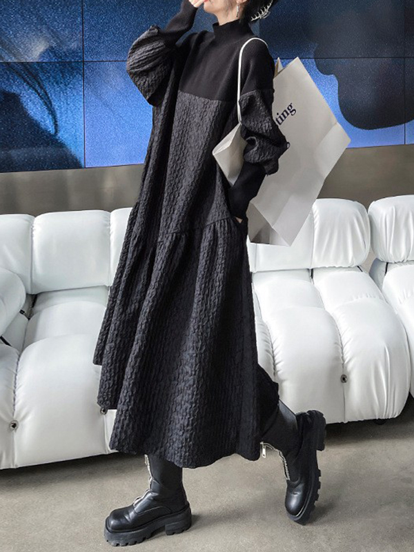 A-Line Long Sleeves Asymmetric Solid Color Split-Joint High-Neck Midi Dresses Sweater Dresses