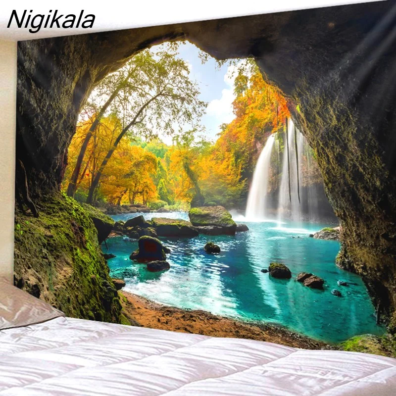 Nigikala Cave Waterfall Print Wall Hippie Tapestry Polyester Fabric Home Decor Wall Rug Carpets Hanging Big Couch Blanket