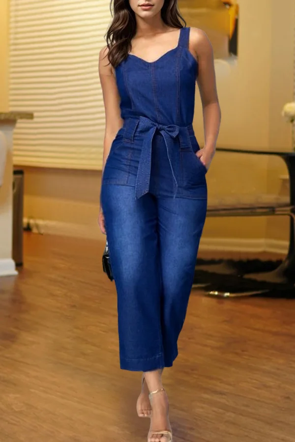 Casual U-Shaped Collar Denim Jumpsuit