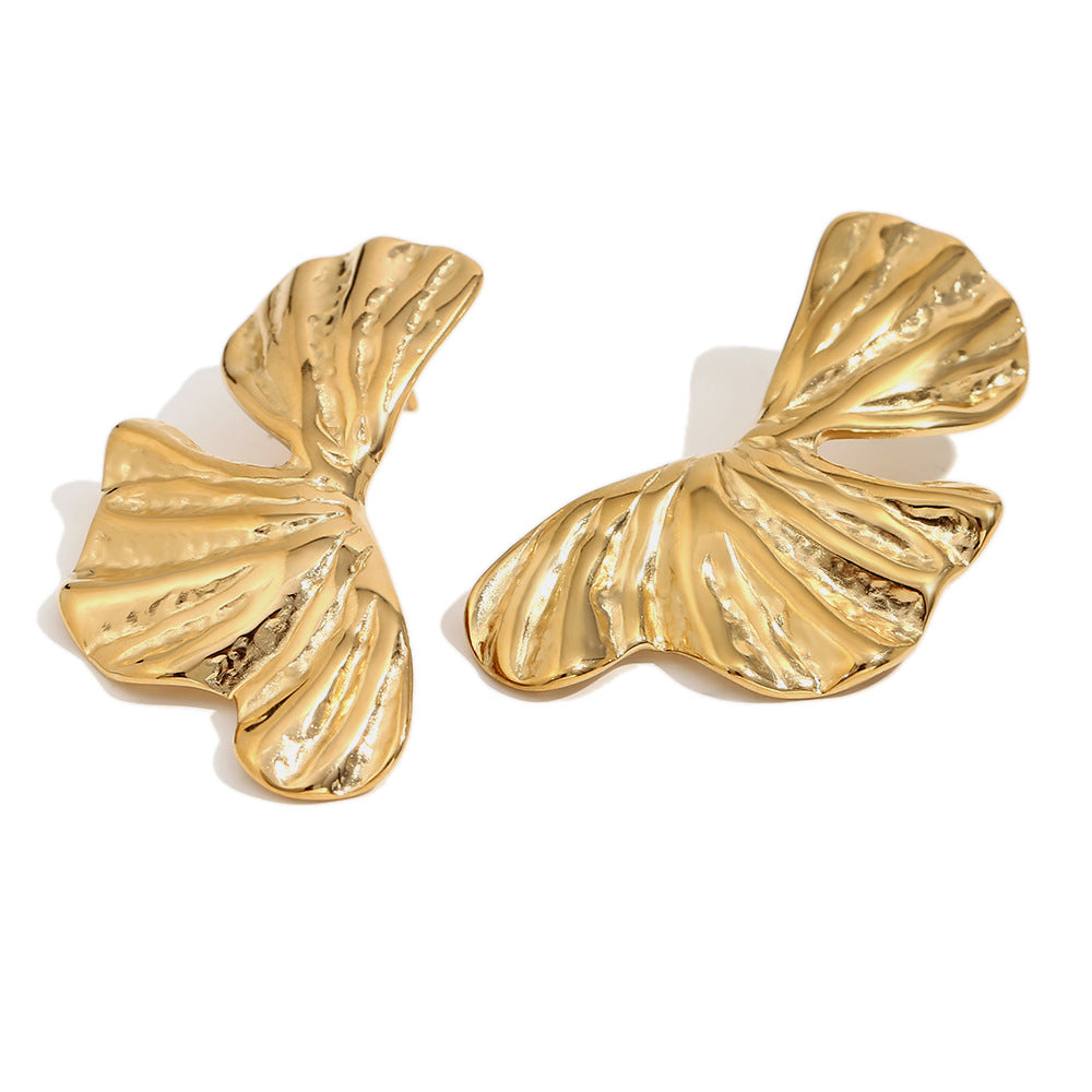 Ins Fashion Retro Ginkgo Leaf Earrings Stainless Steel 18K Gold Plated Hydraulic Symmetrical Petal Earrings For Women