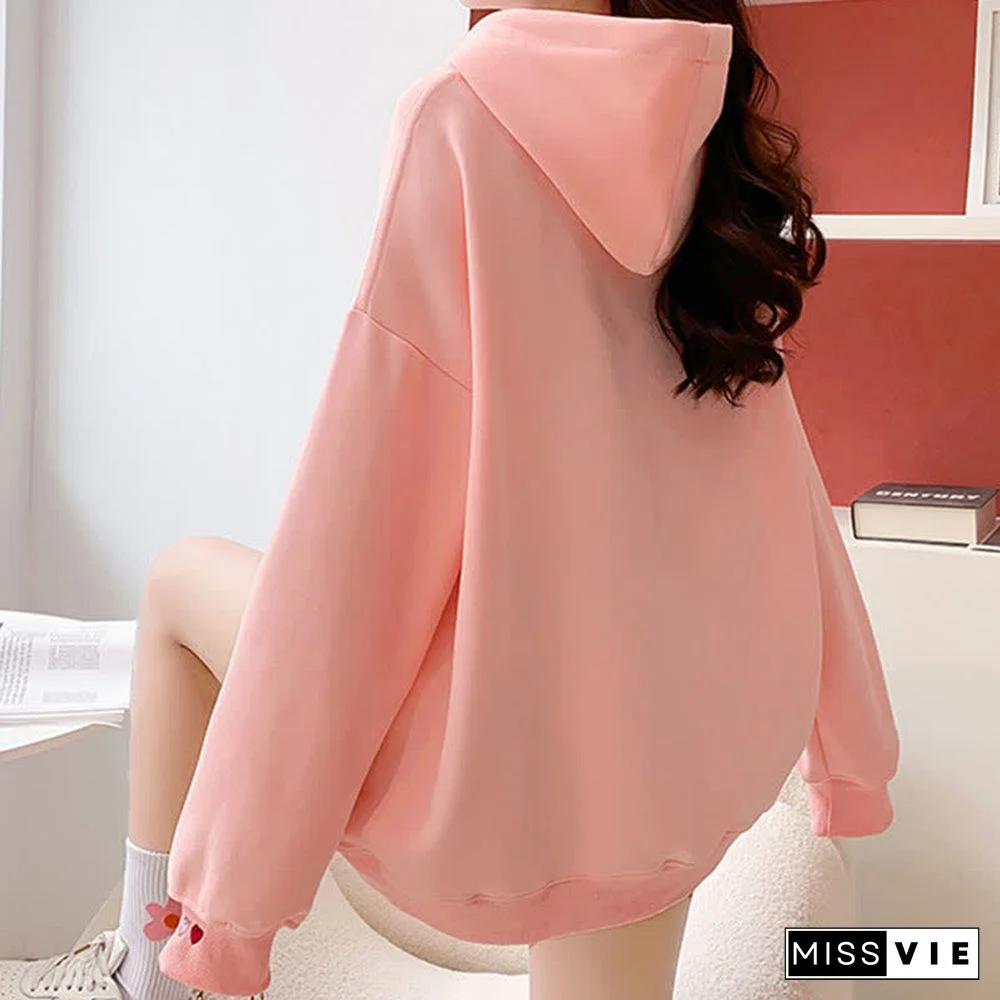 Love Heart Print Draw String Loose Hoodie