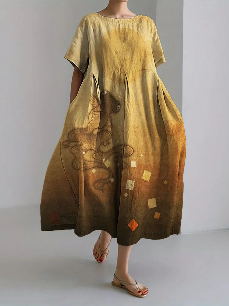 Comstylish Goldfish Sunrise Japanese Art Linen Blend Maxi Dress