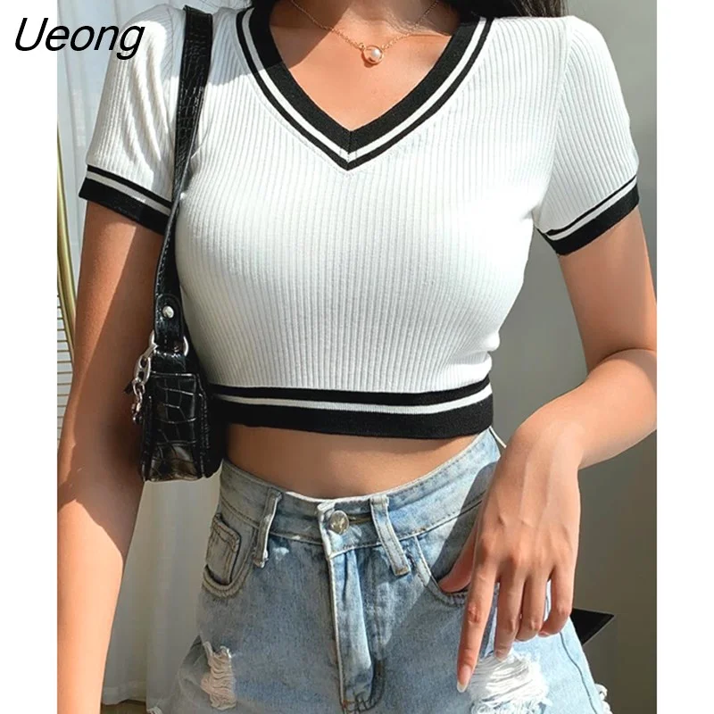 Ueong 2020 Summer Patchwork V Neck Slim Outfits Ribbed T-Shirt For Women Korean Style Casual Basic Female Crop Tops Shirt