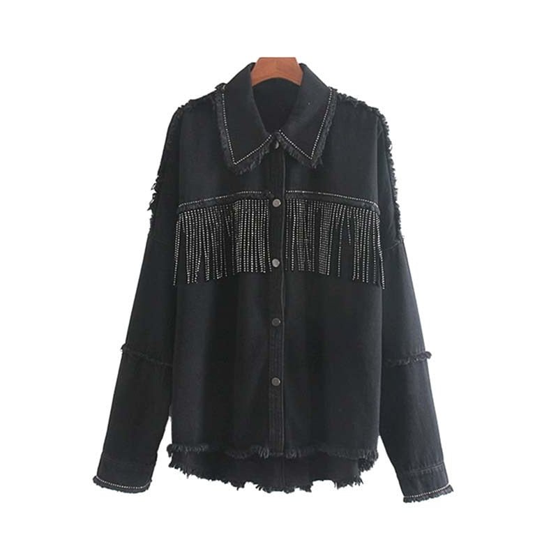 TRAF Women Stylish Fringe Beaded Oversized Jacket Coat Long Sleeve Frayed Trim Tassel Ladies Outerwear Chaqueta Mujer Chic Tops