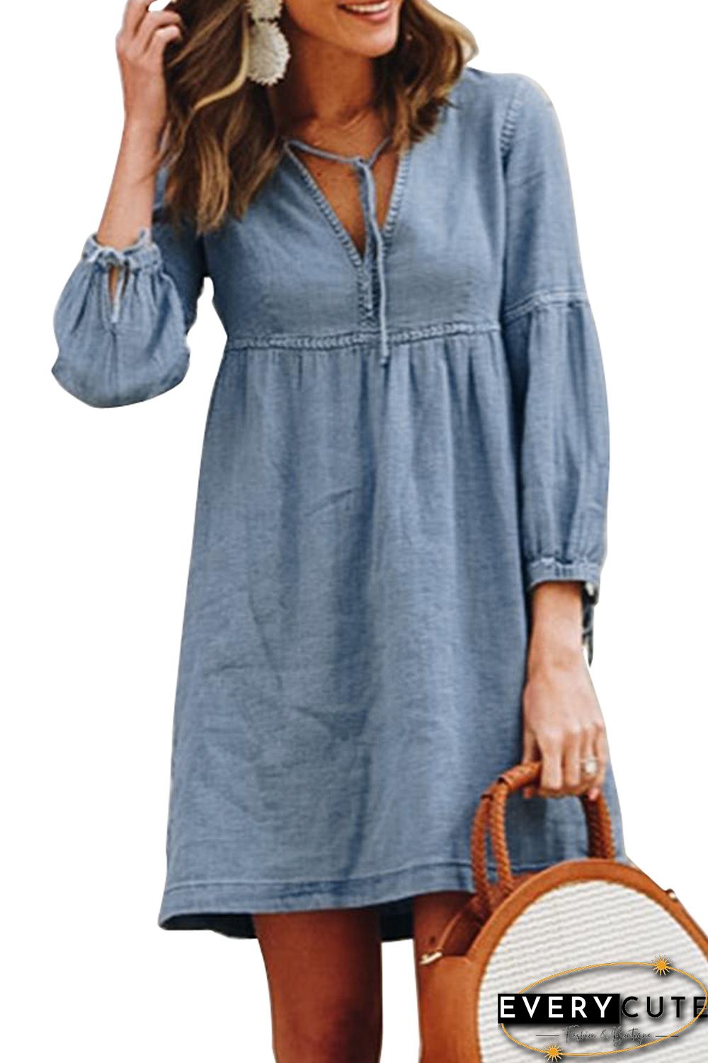 Sky Blue V-neck Lantern Sleeves Casual Mini Dress