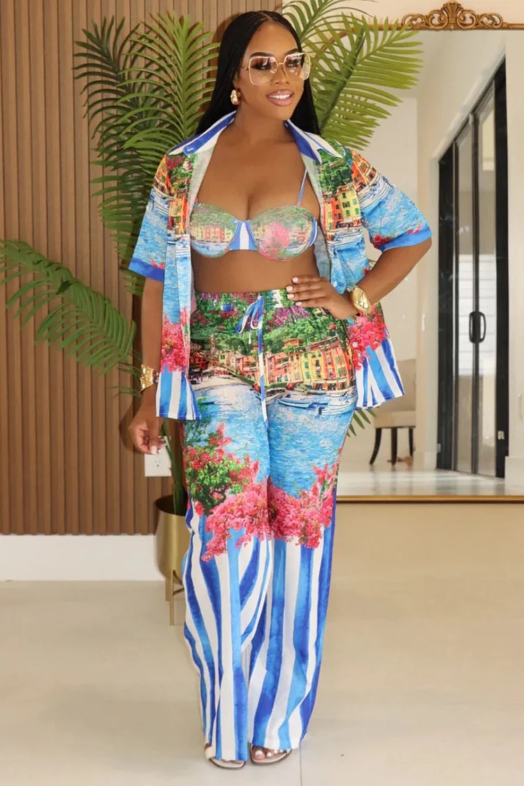 Scene Print Short Sleeve Blouse Bra Top Pants Vacay 3pcs Set-Blue [Pre Order]
