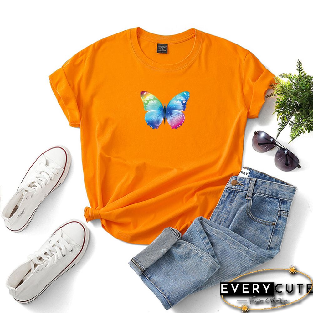 Orange Reflective Butterfly Print Cotton Tees