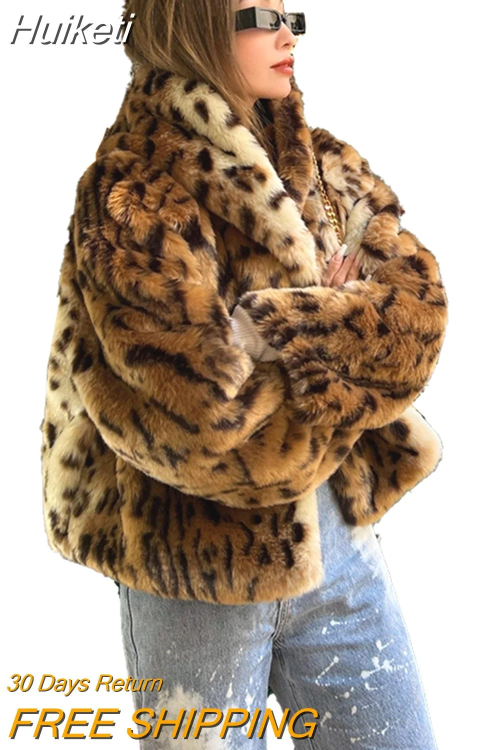 Huiketi Winter Short Thick Warm Leopard Print Faux Fur Coat Women with Hood Raglan Long Sleeve Hot Girl Loose Soft Fluffy Jacket