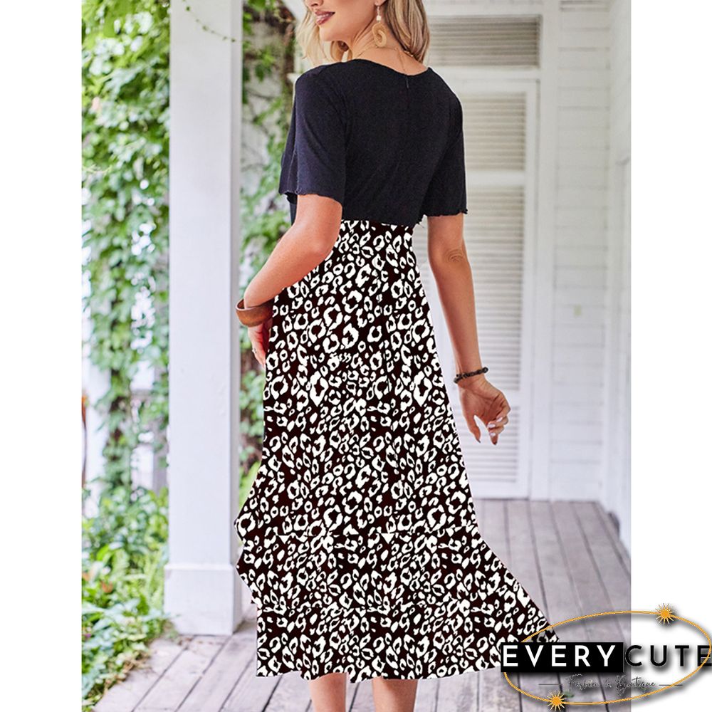 White Leopard Print Splicing V Neck Dress with Slit