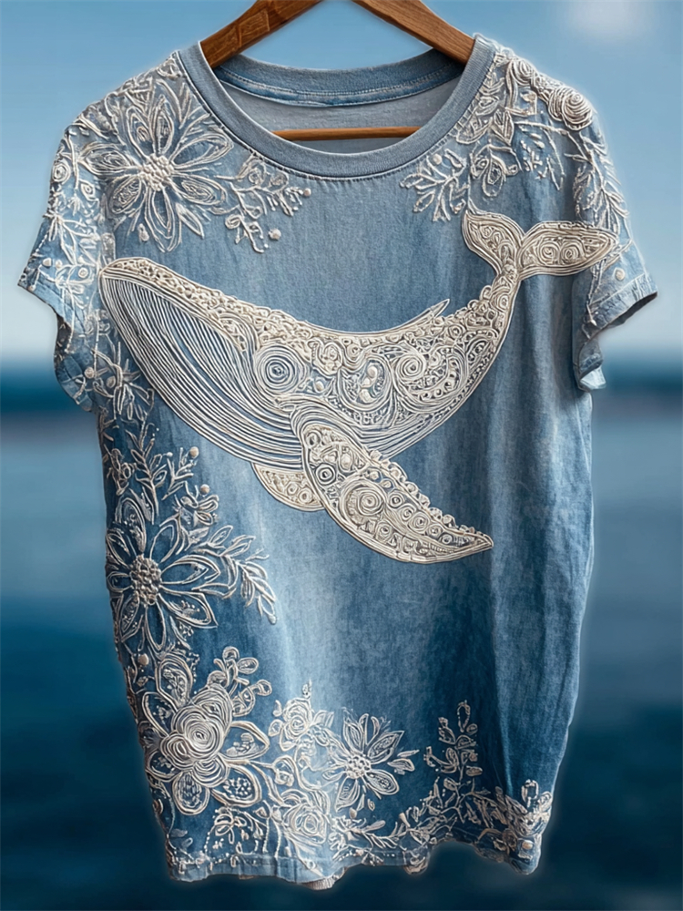 Classy Floral Lace Whale Ocean Washed T Shirt wearshes