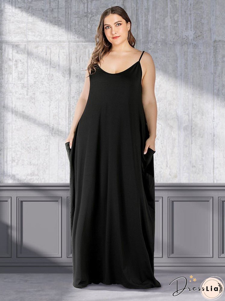 Solid Loose Double Pocket Sling Long Dress