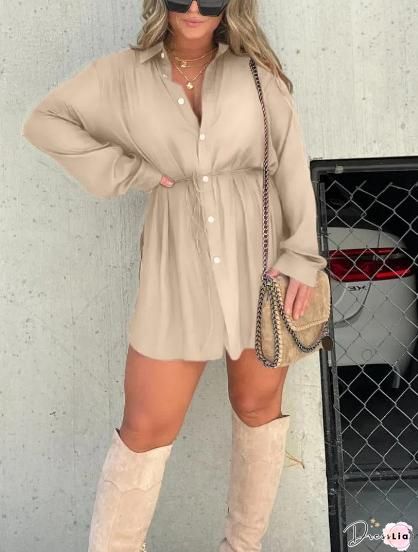 Solid Short Sleeve Lace Up Shirt and Shorts Matching Suit