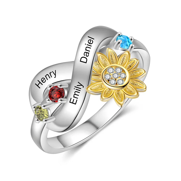 Sunflower Ring Personalized 3 Birthstones Promise Ring for Her