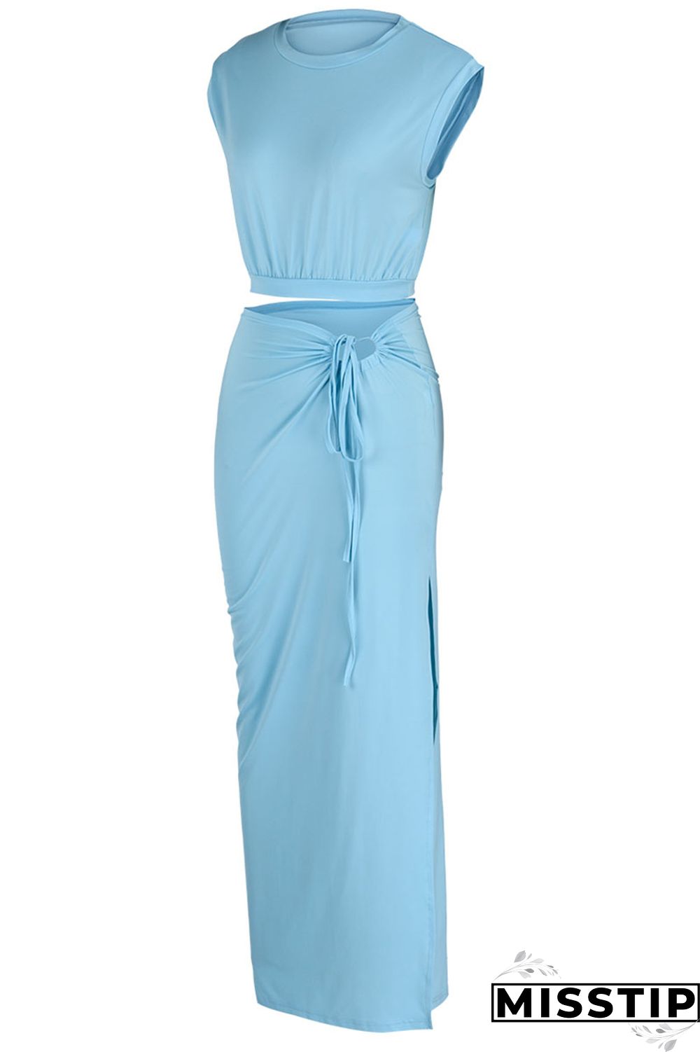 Blue Casual Solid Bandage Patchwork Slit O Neck Sleeveless Two Pieces