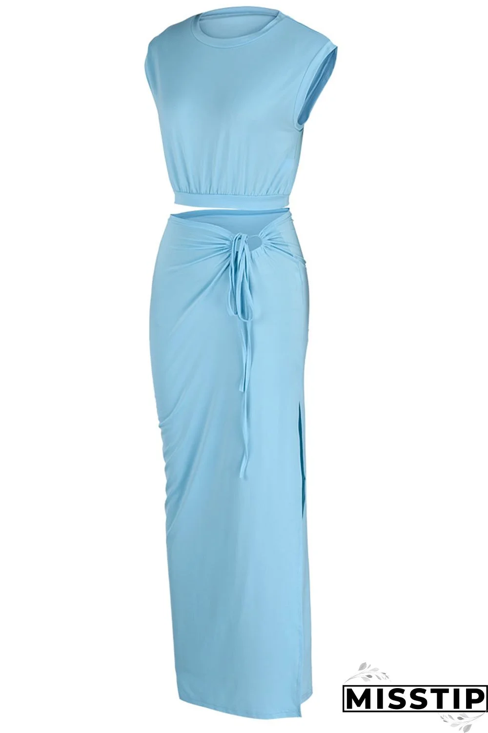 Blue Casual Solid Bandage Patchwork Slit O Neck Sleeveless Two Pieces